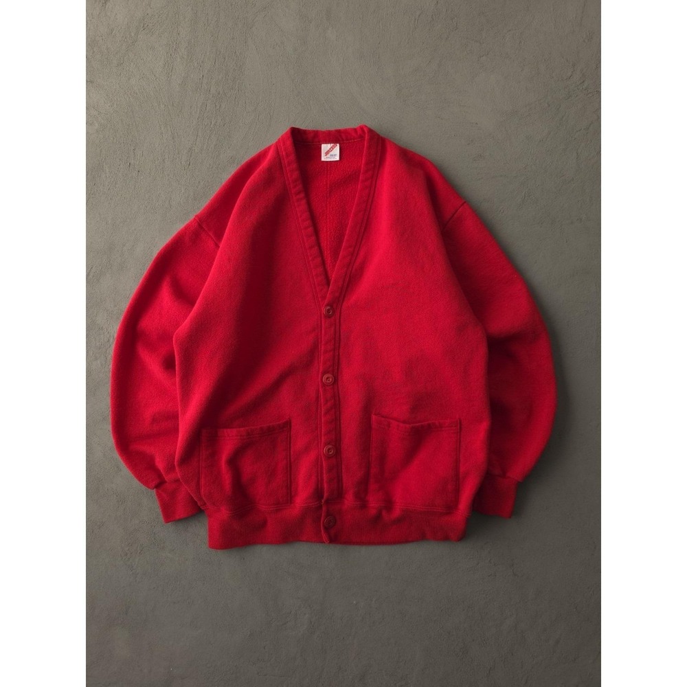 Vintage 90s Jerzees Red Cotton Blend Cardigan Sweatshirt Made In USA L